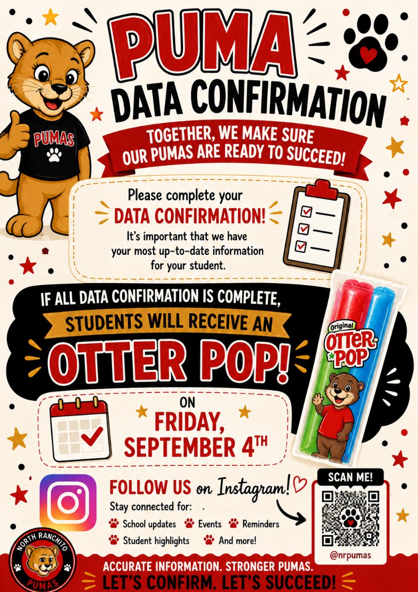 All students who have completed their data confirmation will receive a free Otter Pop on Friday, September 4th.